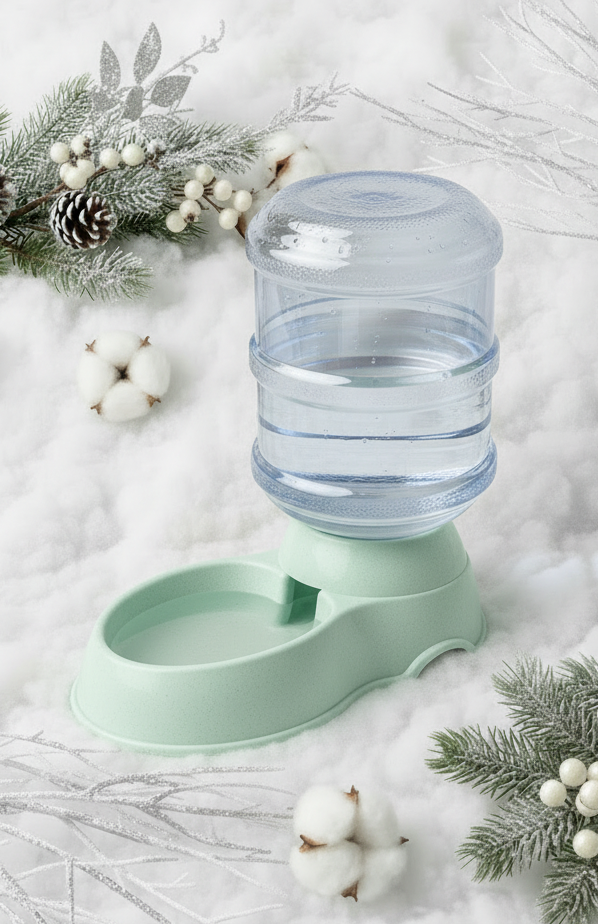 Bebedero automático verde menta en escena navideña elegante