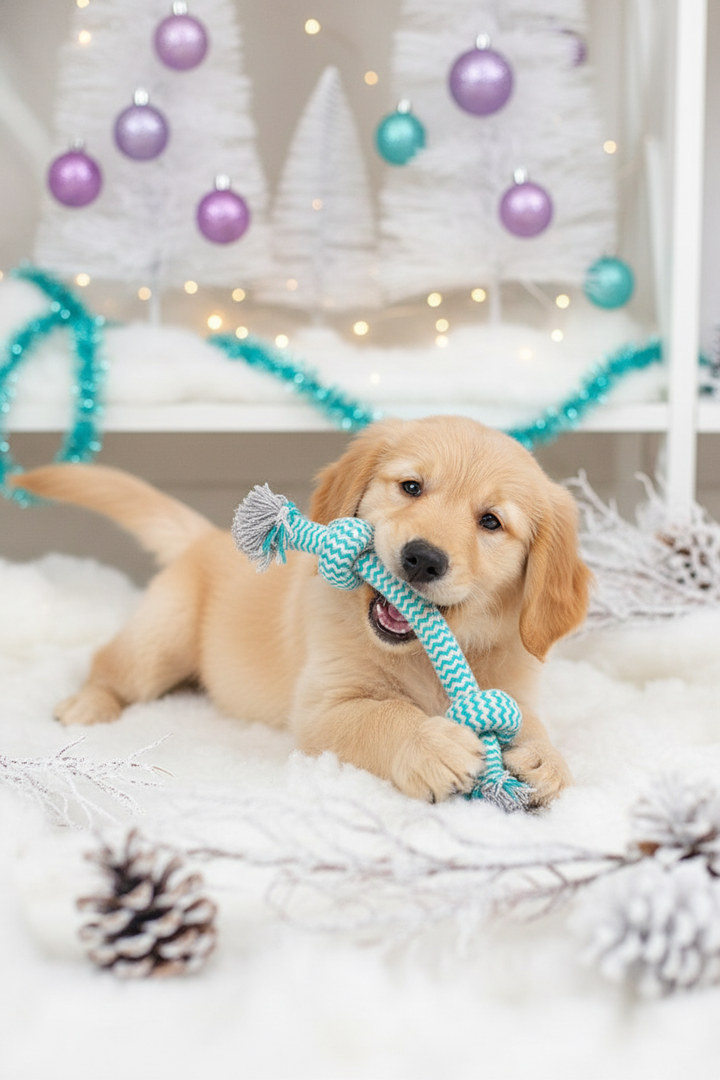Cachorro pequeño jugando con hueso de cuerda en ambiente navideño