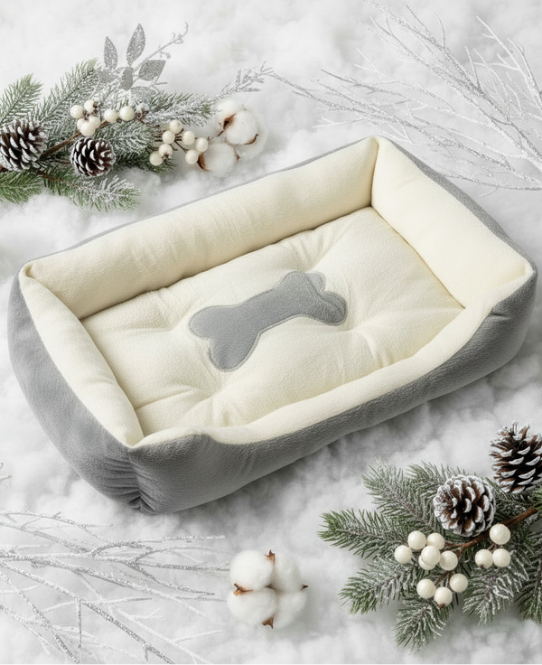 Cama para mascotas sin etiqueta en escena navideña