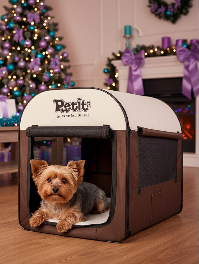 Casa de campo portátil Petit con perro pequeño en ambiente navideño interior