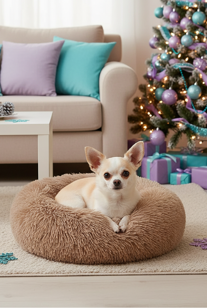 Chihuahua pequeño en cama redonda beige en ambiente navideño