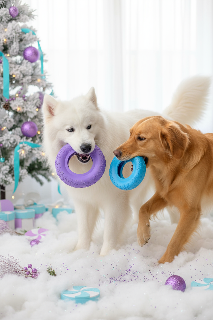 Dos perros jugando con juguetes de llanta