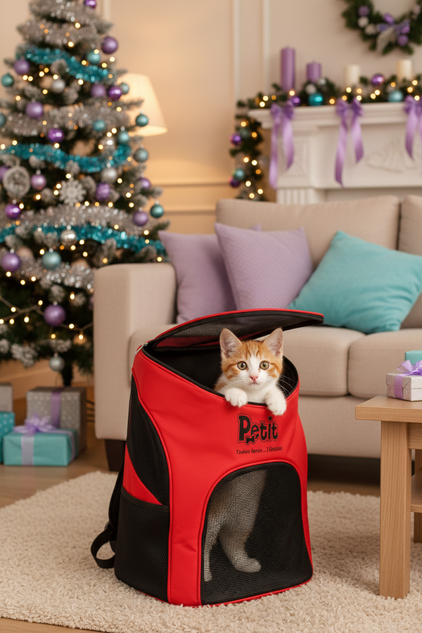 Gatito parado dentro de mochila transportadora roja abierta en ambiente navideño