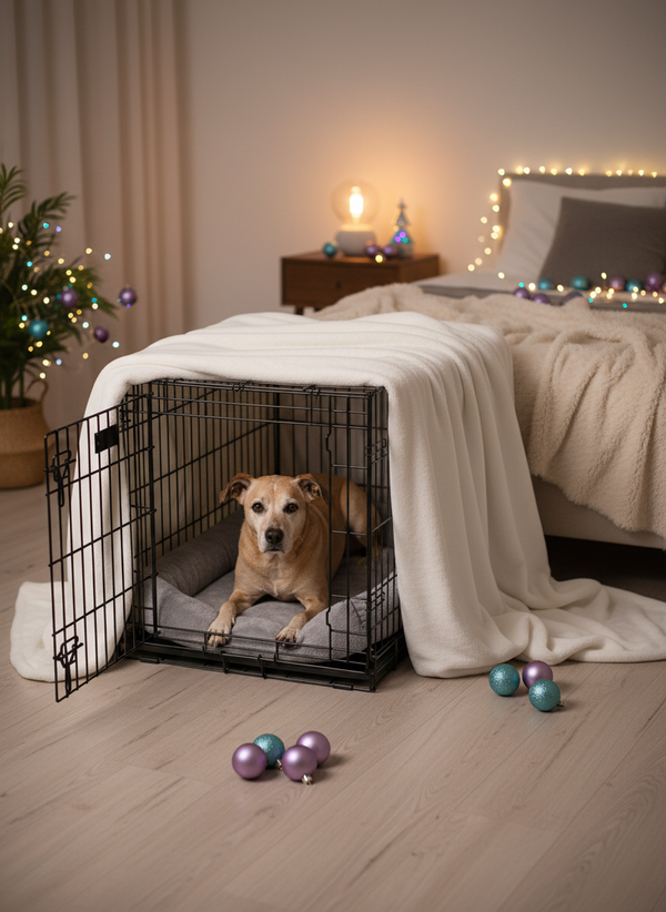 Jaula metálica negra con perro senior en recámara con decoraciones navideñas sutiles y cobija color hueso