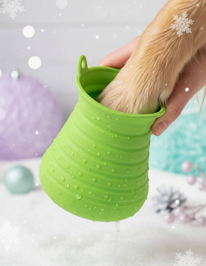 Lavando pata de perro grande con lavapatas verde