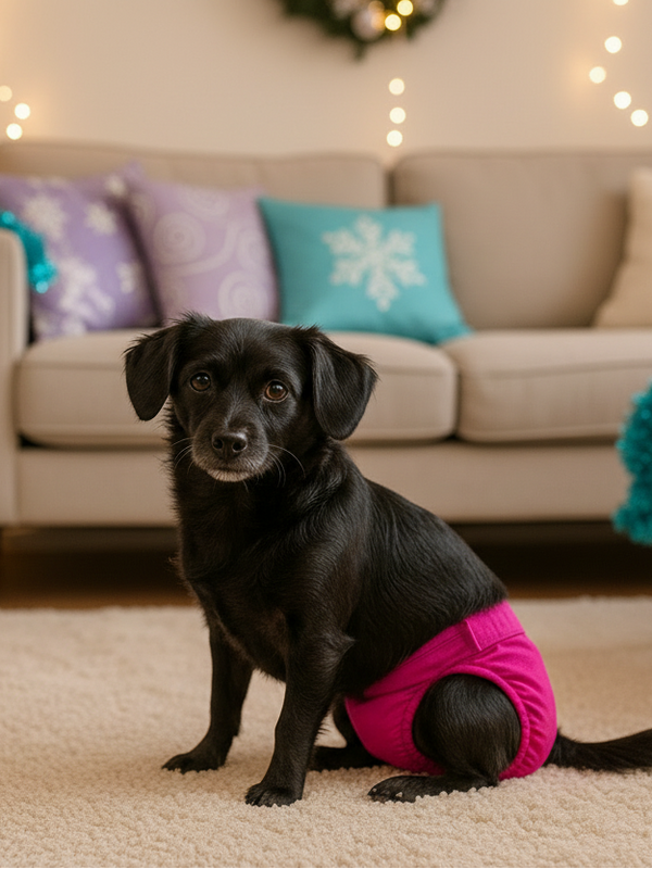 Perrita negra con pañal fucsia en ambiente navideño con tonos lilas y turquesas
