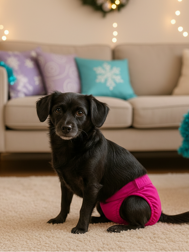 Perrita negra con pañal fucsia en ambiente navideño con tonos lilas y turquesas