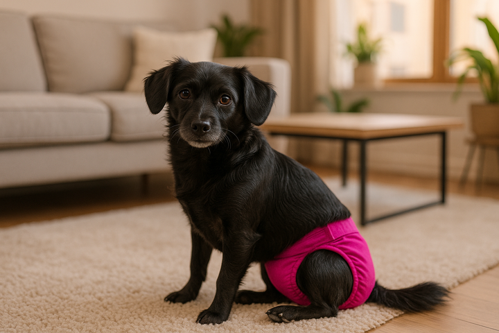 Perrita talla chica hembra de colo negro usando el pañal fucsia, sentada en un ambiente de departamento. 