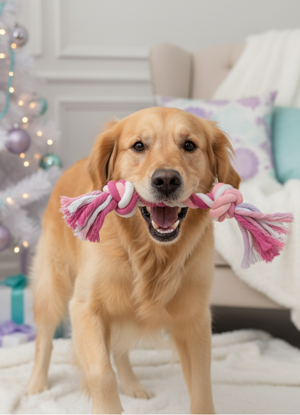 Perro adulto jugando con cuerda rosa en ambiente navideño