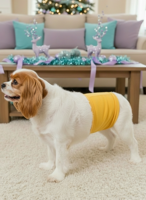 Perro Cavalier con pañal amarillo de perfil en ambiente navideño