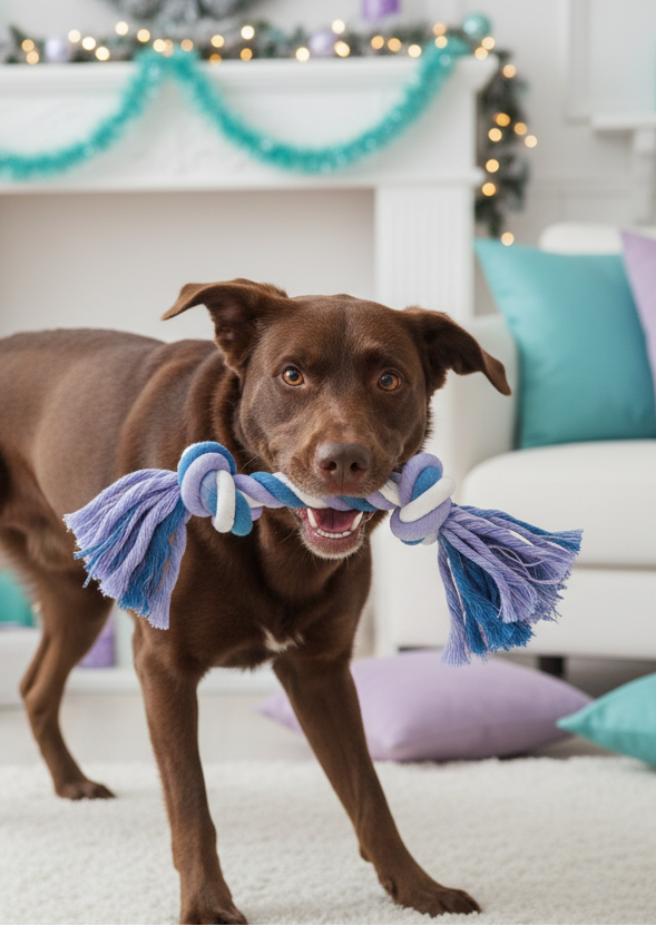 Perro chocolate jugando con cuerda azul y lila en ambiente navideño
