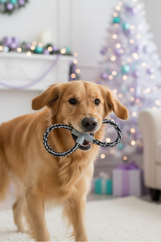 Perro jugando con cuerda en forma de ocho en ambiente navideño