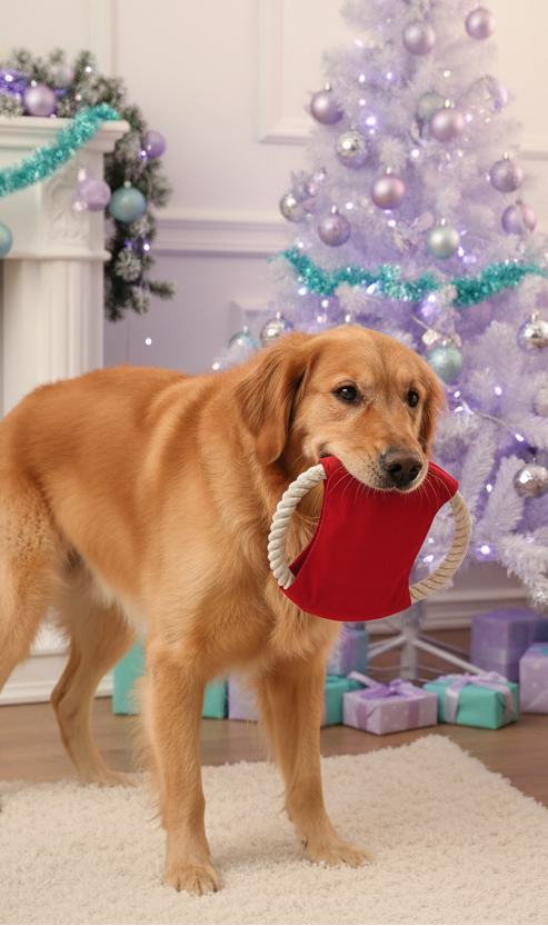 Perro jugando con juguete en ambiente navideño