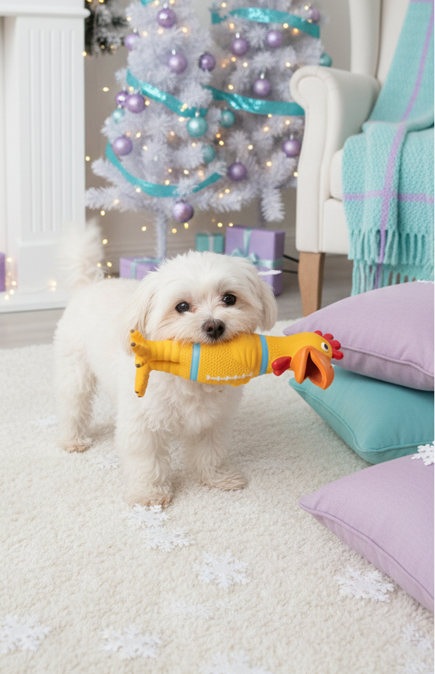 Perro pequeño jugando con pollo de juguete en ambiente navideño
