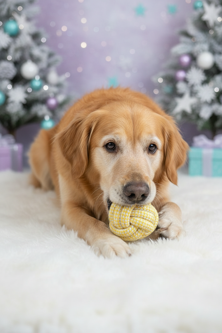 Perro senior jugando con juguete de cuerda navideño