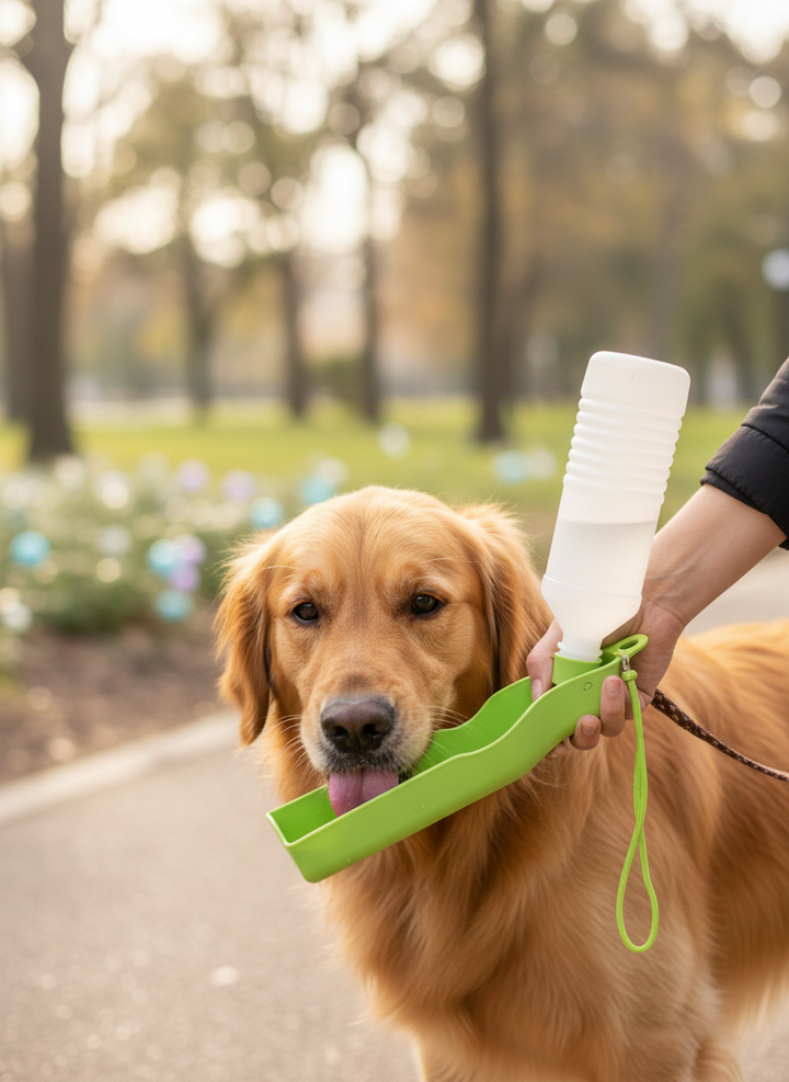 Perro tomando agua del bebedero portátil Petit en el parque