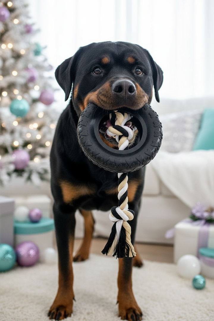 Rottweiler mordiendo juguete de llanta con cuerda