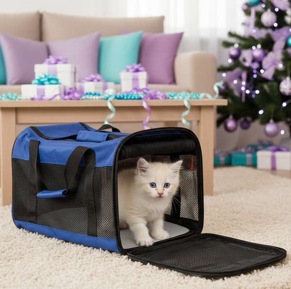 Transportadora azul con gatito cachorro en ambiente navideño interior con decoraciones lilas y turquesas